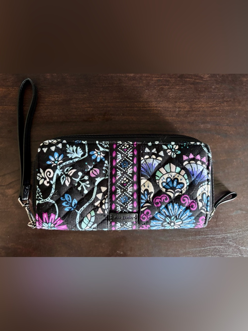 Vera Bradley Black Quilted Floral Zip Wallet with Blue and Purple Accents
